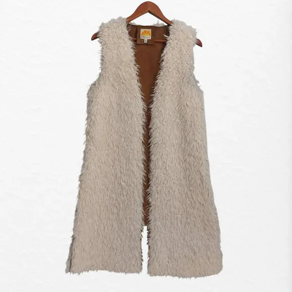 Faux Fur Cardigan Vest M White Brown Faux Suede Boho Chic Cabincore Open Front - Picture 5 of 10